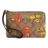 Monedero Café Coach Corner Zip Con Estampado Floral Color Marrón Diseño De La Tela Monograma