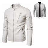 Chamarra Piel Slim Fit Moda Hombre Tipo Biker Blanca Zm