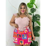 Conjunto Plus Size Croped E Shorts Saia Com Cinto Estampado