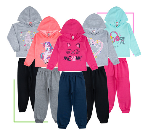 Kit Lote 5 Conjunto Roupa Infantil Menina Feminino C Capuz 