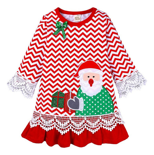 Vestido De Manga Larga Con Estampado De Papá Noel Para Niñas