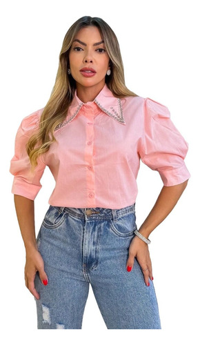 Camisa Social Blusa  Femininas Lisa Com Detalhes Em Brilho 