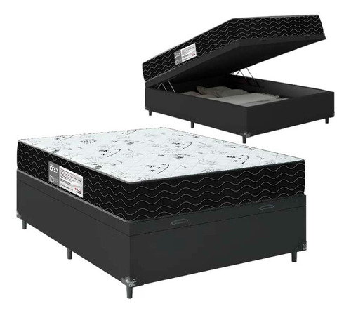 Cama Box Baú Casal + Colchão D33 One Face - Couro Preto