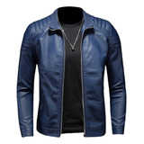 Chamarra Vini Piel Slim Fit Moda Hombre Tipo Biker Azul Sl8