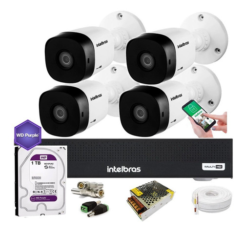 Kit 4 Câmeras Intelbras 1120 Dvr Intelbras 8ch C/ Purple 1t