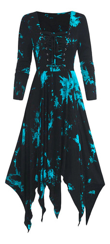 Printed Lace Up Irregular Long Sleeve Dress Gothic Vintage