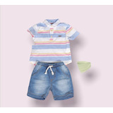 Conjunto Infantil Masculino Bata  Listrada E Bermuda Jeans