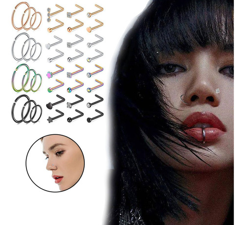 Piercing Nariz Aro L Gancho Circonio 4 Colores Set 36 Piezas