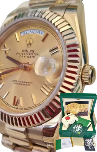 Relógio Rolex Day-date Dourado Safira Base Eta 2840 Na Caixa