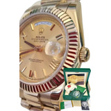 Relógio Rolex Day-date Dourado Safira Base Eta 2840 Na Caixa