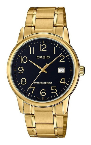 Reloj De Pulsera Casio Enticer Mtp-v002 De Cuerpo Color Dorado, Analógico, Para Hombre, Fondo Negro, Con Correa De Acero Inoxidable Color Dorado, Agujas Color Dorado, Dial Dorado, Minutero/segundero D