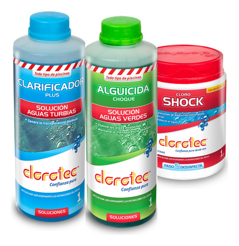 Clarificador Plus + Alguicida Choque + Cloro Shock. Clorotec