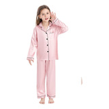 Pijama Infantil Manga Longa E Calça Em Cetim De Seda Rosa