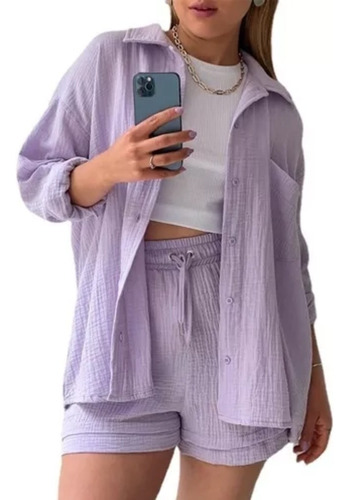 Conjunto De Camisa De Manga Larga Con Solapa De Crepé Y Pant