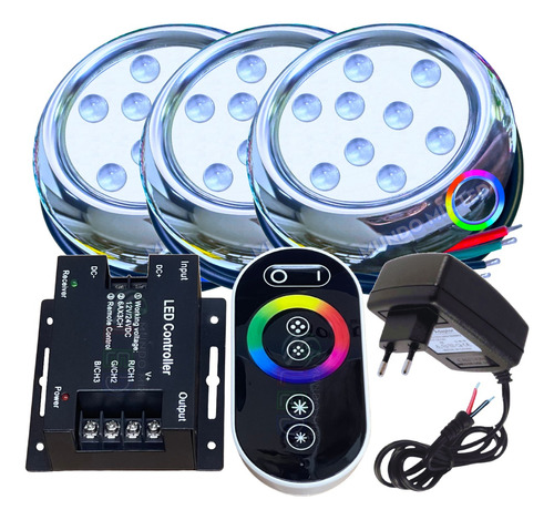 Kit 03 Refletor Led 9w Rgb P/piscina Touch Fonte + Adaptador