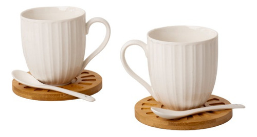 Set X2 Tazas De Ceramica Negra C/plato De Bamboo Y Cuchara 