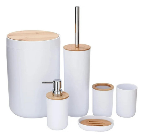 Kit Conjunto Banheiro Lavabo Escova Lixeira 6 Peças Bambu