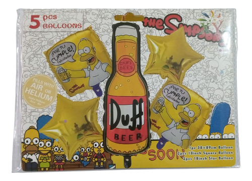 Set Globo Metalizado Cerveza Duff Beer Homero Simpsons 5pzas