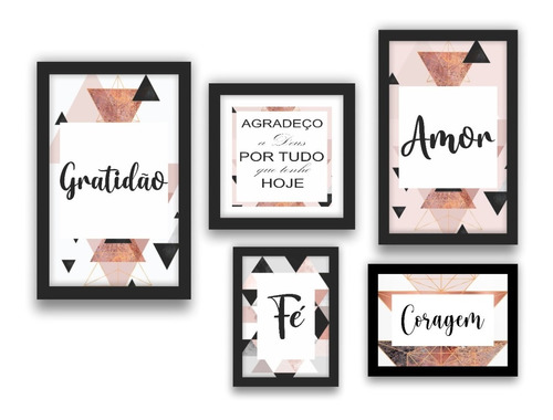 Kit 5 Quadros Decorativos Frases Amor Fé Gratidão Coragem 