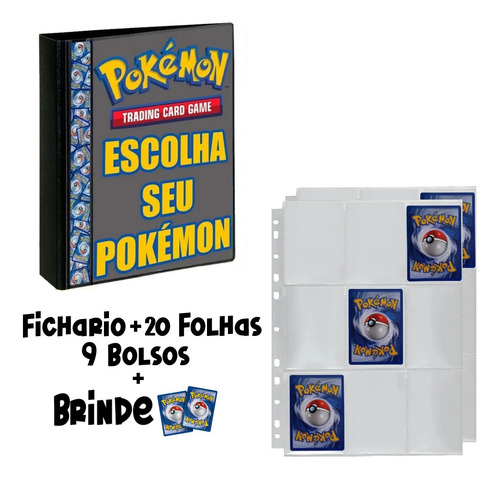 Pasta Fichário Cartas Pokémon + 20 Folhas + 2 Cards Brinde