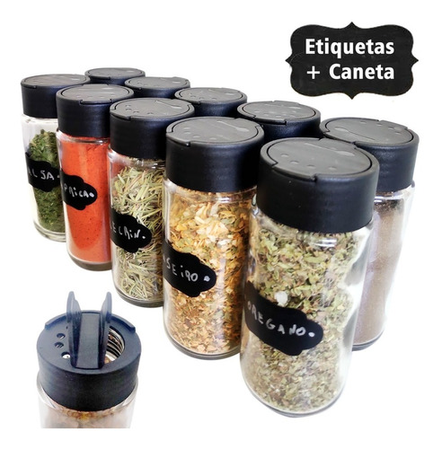 Kit 12 Potes Tempero + 30 Etiquetas Lousa 1 Caneta Especial 