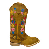 Bota Vaquera 100% Piel Dama Rodeo Bordado Flores Cinto 2934