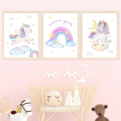 Set X3 Cuadros Infantiles Nena Unicornio Shabby Chic Boho