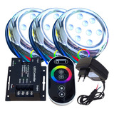 Kit 03 Led 9w Piscina Rgb + Touch Fonte + Adaptador 3/4 25mm