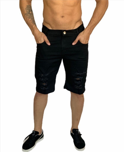 Bermuda Short Jeans Branca Masculina Rasgada Lycra