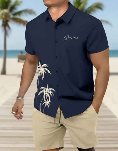 Camisa Con Estampado De Palmeras En 3d Y Pantalón Corto Con