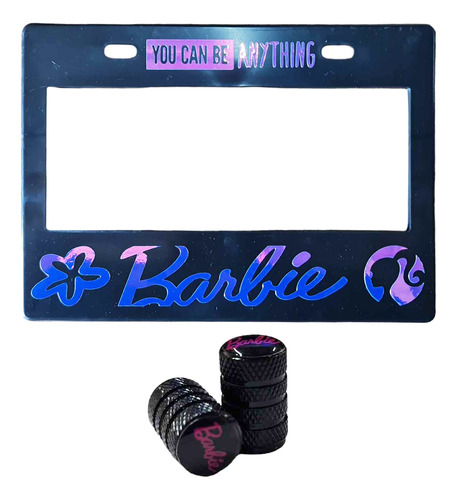 Set 1 Portaplacas Moto Barbie Tornasol + 2 Tapones Aire Negr