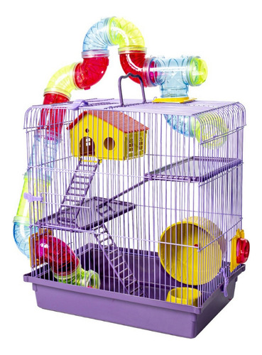 Gaiola Hamster Com Casa Grande Completa 3 Andares Tubo Lilás