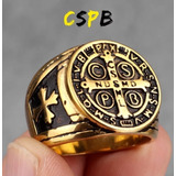 Anillo Acero Dorado Hombre San Benito Proteccion Sagrada 