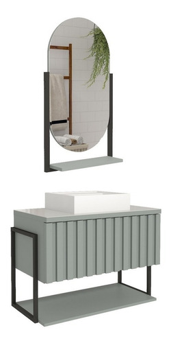 Gabinete Banheiro 80cm Mdf Aço Cuba Espelheira Porta Verde
