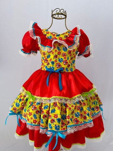 Vestido De  Festa Junina Infantil  Com Lacos E Fitas Tiara