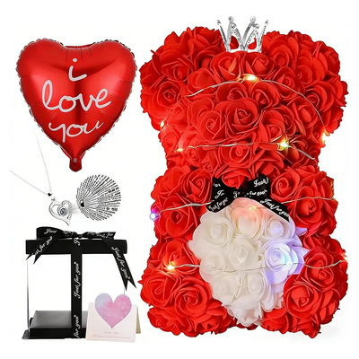 Ramo Flores Eternas Oso Rosas Regalos Con Collar De Corazón Rojo