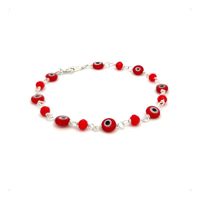Pulsera De Plata .925 Ojo Turco Y Cristal Amuleto Agálea Color Rojo Diámetro 5 Cm Largo 18 Cm | Meses sin interés