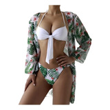 Conjunto Bikini + Saída De Praia Kimono Feminino Estampado