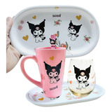 Set Taza Plato Y Vaso Kuromi Hello Kitty Cerámica Vidrio