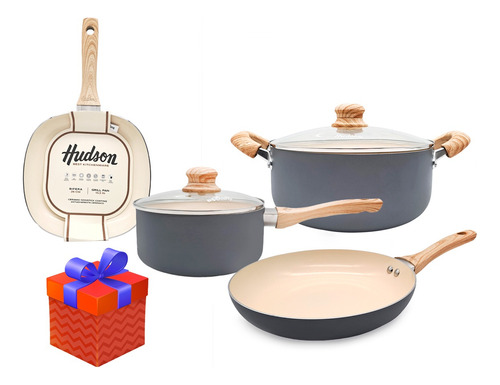 Set 6 Pzs Bateria Cocina Gray Ceramica Antiadhere Hudson Hsk