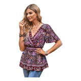 A Camiseta De Mujer Con Cuello En V Floral Estilo Vintage