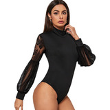 Body Blusa Mujer Elegante Negra Mangas Larga Slim Fit