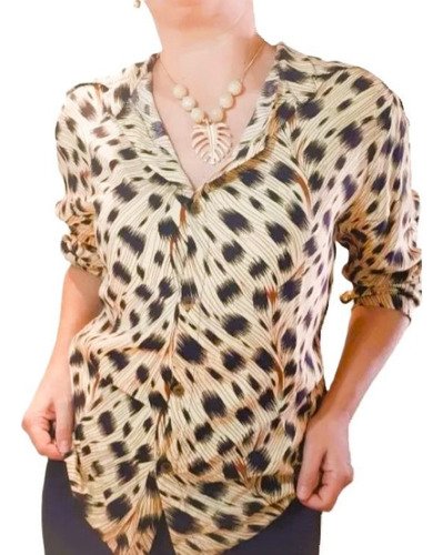 Camisa Feminina Viscose Manga Longa Com Botões Animal Print