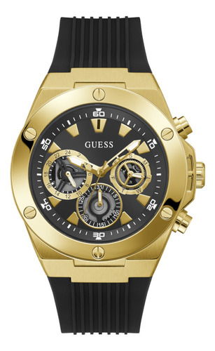 Reloj Guess Supernova Para Caballero Correa Negro Bisel Dorado Fondo Dorado