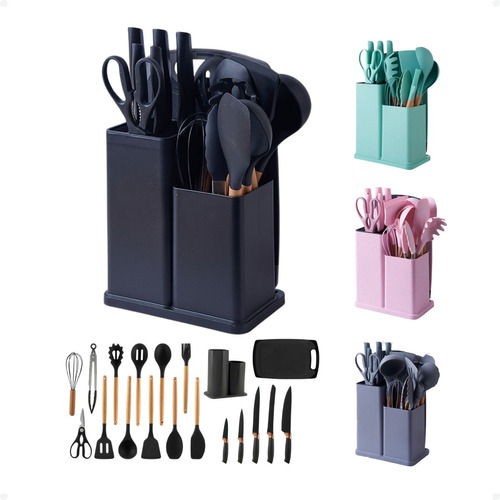 Kit Conjunto Utensílios Cozinha Silicone Facas Tabua 19pç