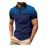 Camiseta Masculina De Bolinhas Com Gradiente De Lapela, Botã