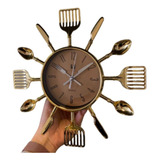 Relógio Parede Para Cozinha Formato Talheres Quartz Dourado