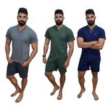 Kit Com 3 Pijamas Masculino Curto 100% Algodão