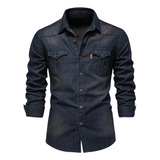 Camisa Jeans Masculina Casual Com Lapela