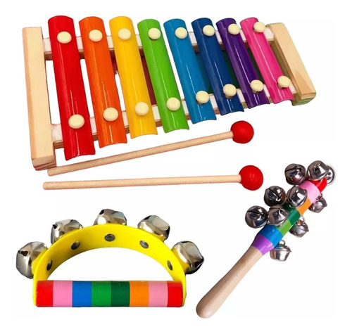Pack 3 Juguete Instrumentos Musicales De Madera